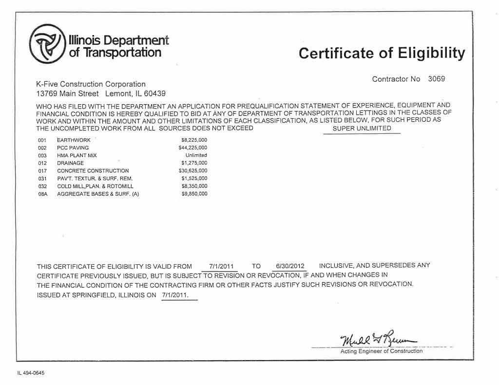 Certificate of Eligibility (IDOT) - K-Five