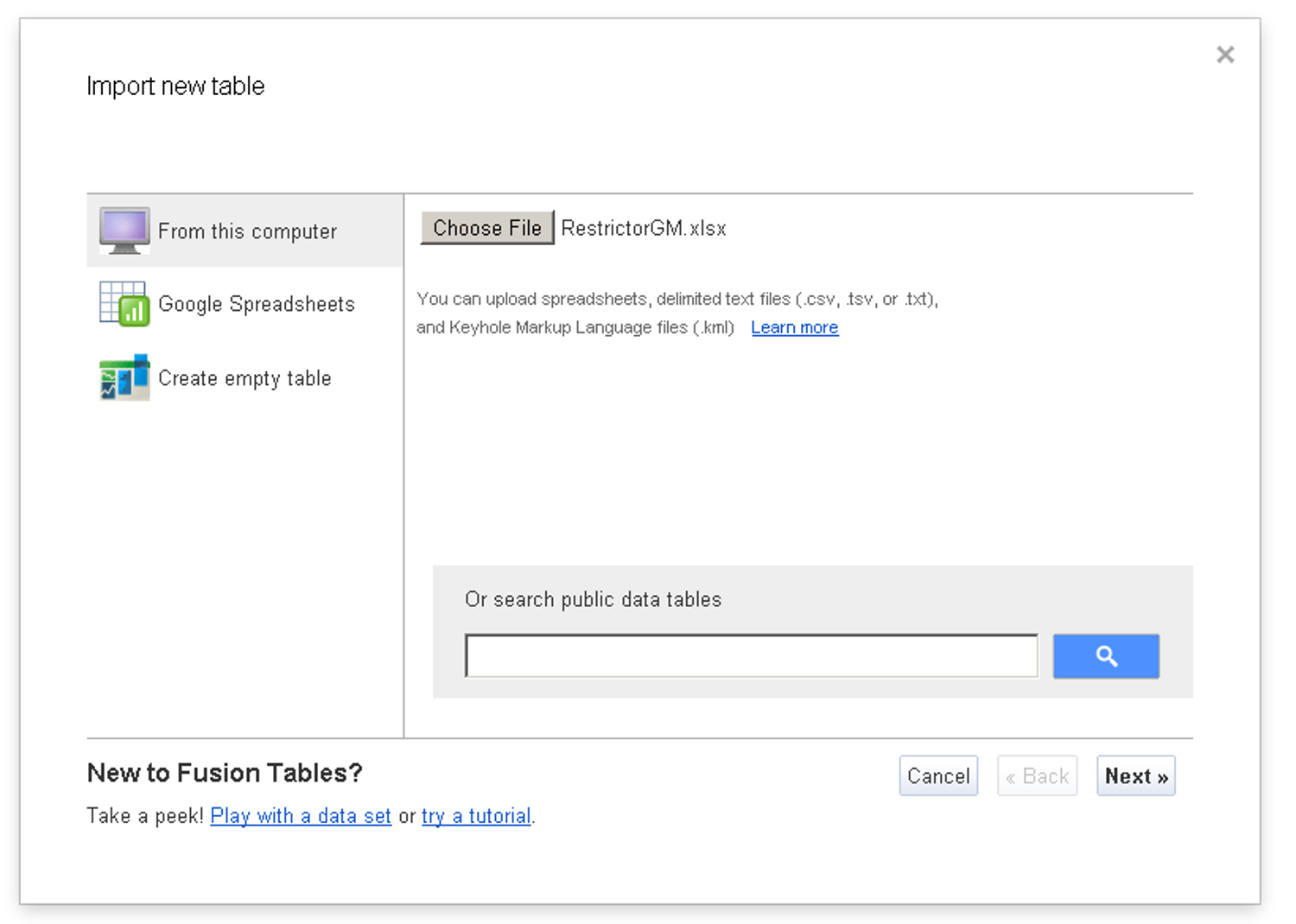 Uploading a spreadsheet to create a Google Fusion Table