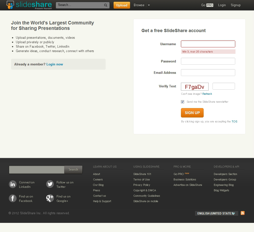 Slideshare Signup page Slideshare Signup page