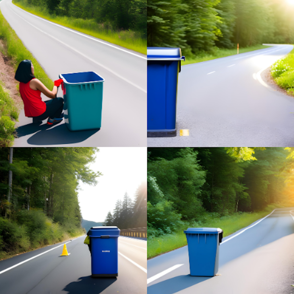 Four images of a blue garbage can sitting in the road. One image has a woman in a red shirt and black pants crouching down near the can.