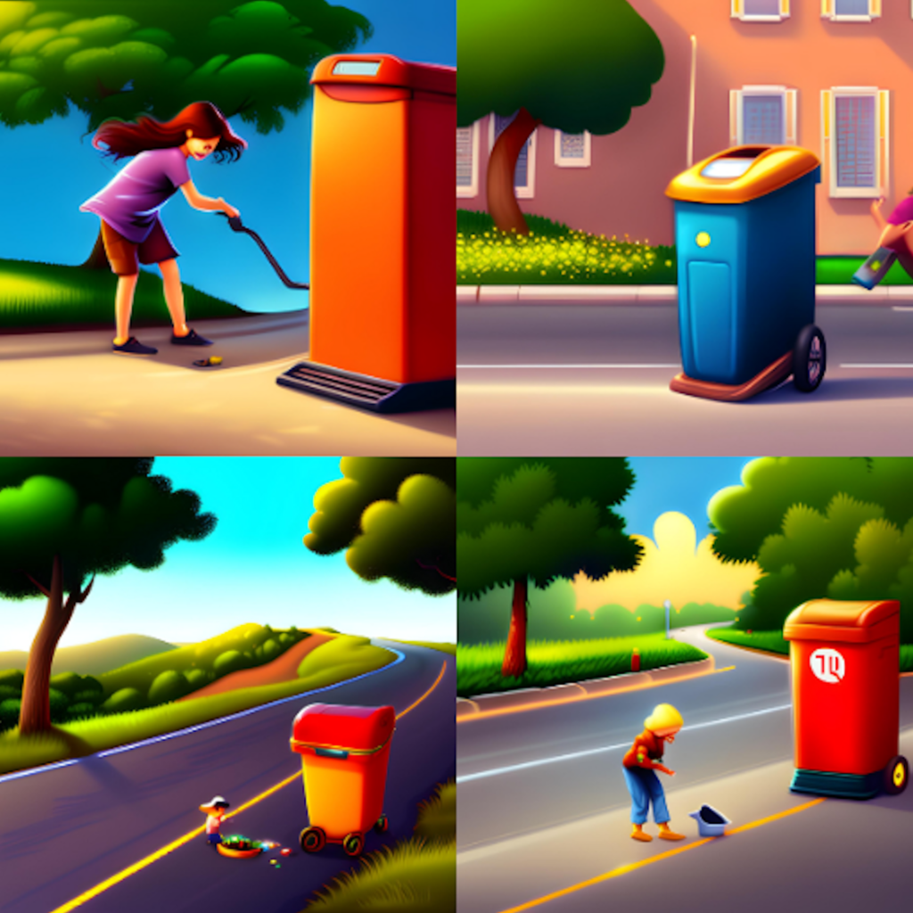 four images showing garbage cans in the road. A small child in standing near a can in two of them while a woman is near one in another