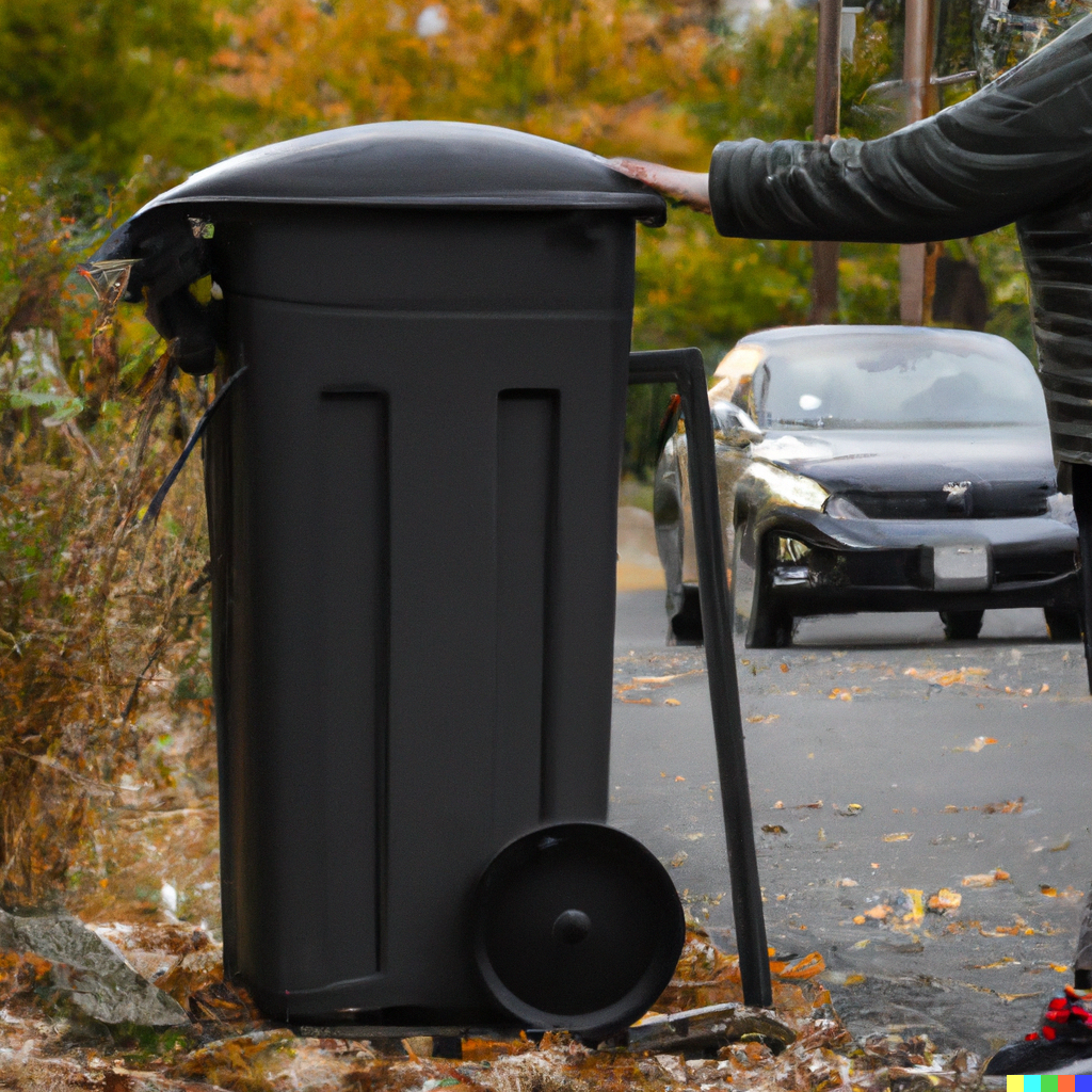image of a brown garbage can at the side of the road with someone's arm resting on top of it. There is a car in the background.