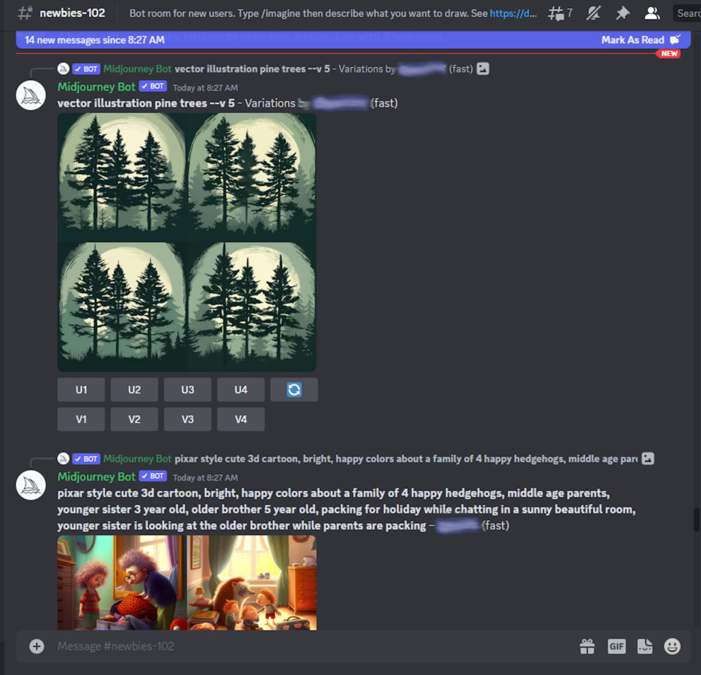 Screenshot of the Midjourney Discord Server showing images generated by the AI tool