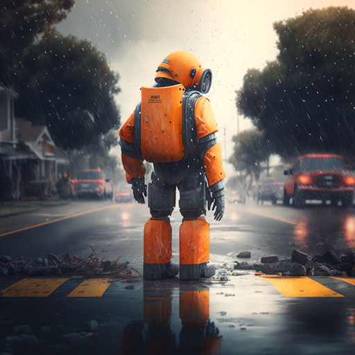 Robot in orange suit standing on a wet road looking down with cars parked on the side of the road