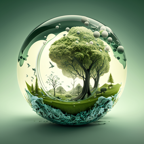 globe with an image of a tree growing in the ground and birds flying and mountains in the back all in a primarily green color.